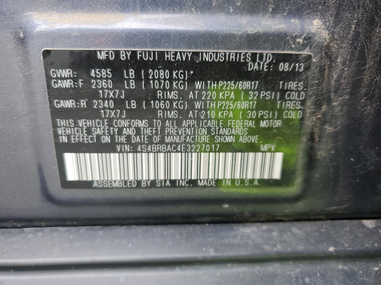 2014 Subaru Outback 2.5I VIN: 4S4BRBAC4E3227017 Lot: 85353715