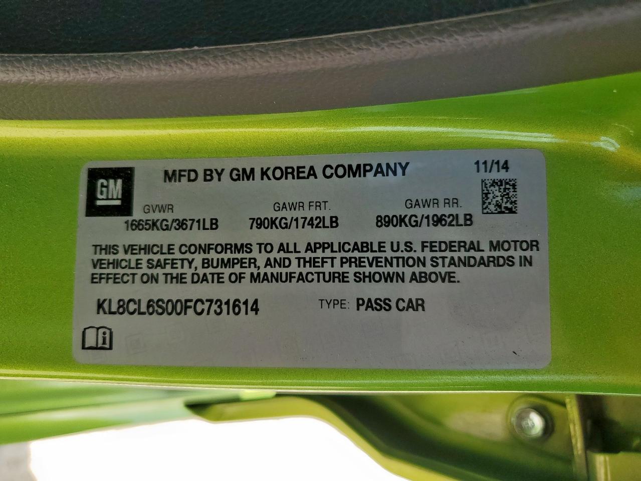 2015 Chevrolet Spark Ev 2Lt VIN: KL8CL6S00FC731614 Lot: 85104715