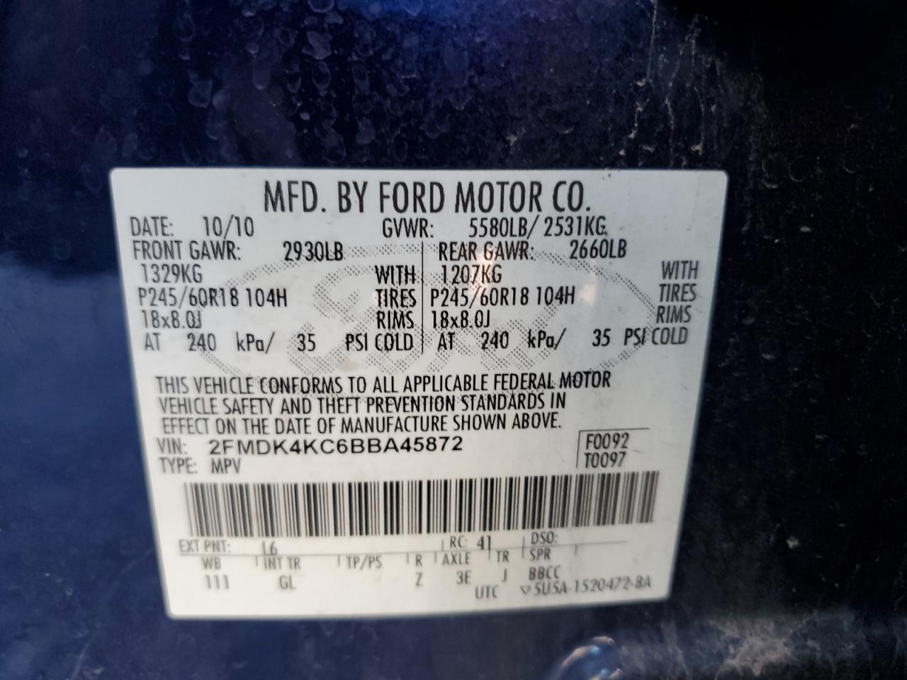 2011 Ford Edge Limited VIN: 2FMDK4KC6BBA45872 Lot: 84916335