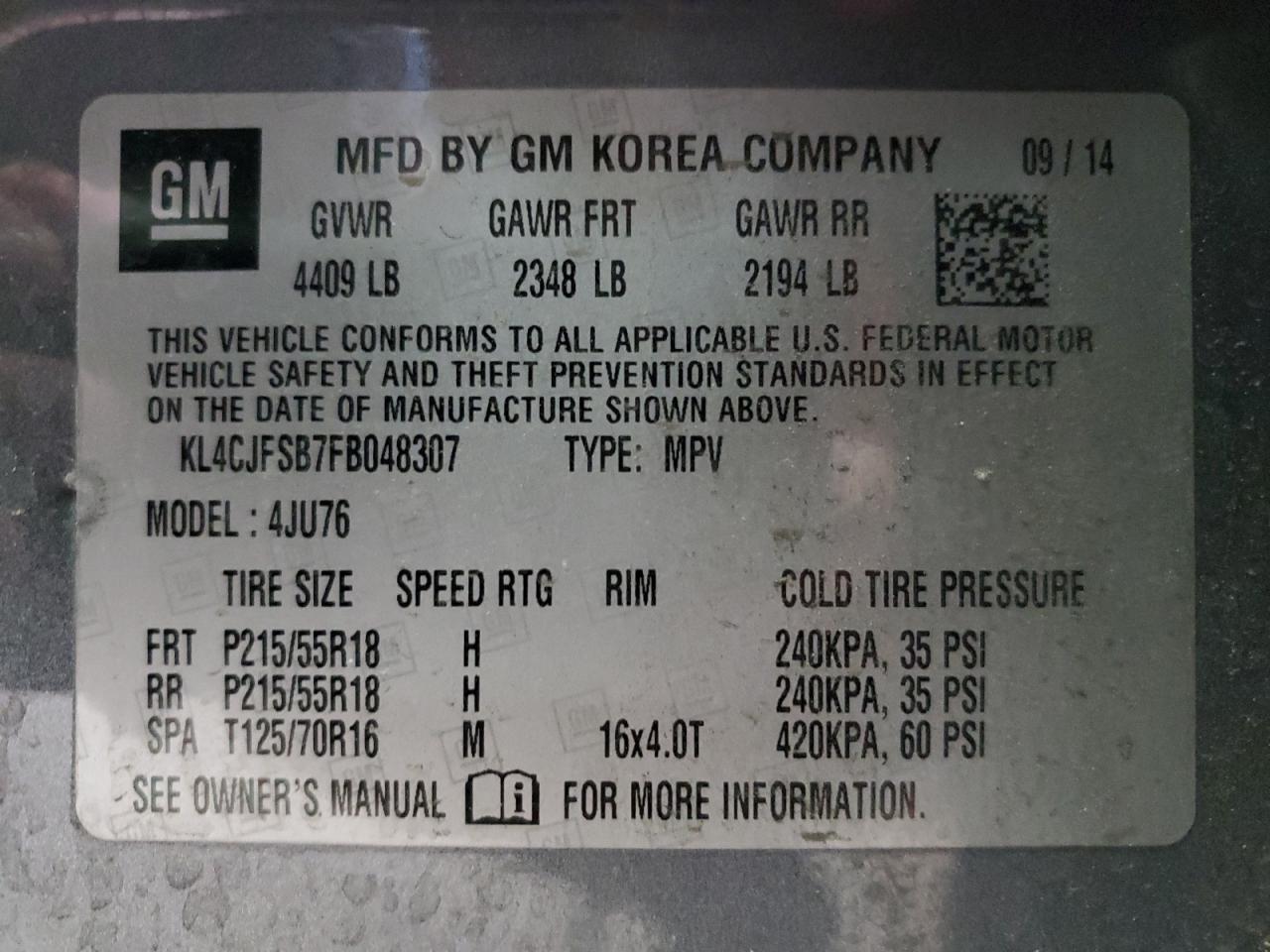 2015 Buick Encore Convenience VIN: KL4CJFSB7FB048307 Lot: 82648445