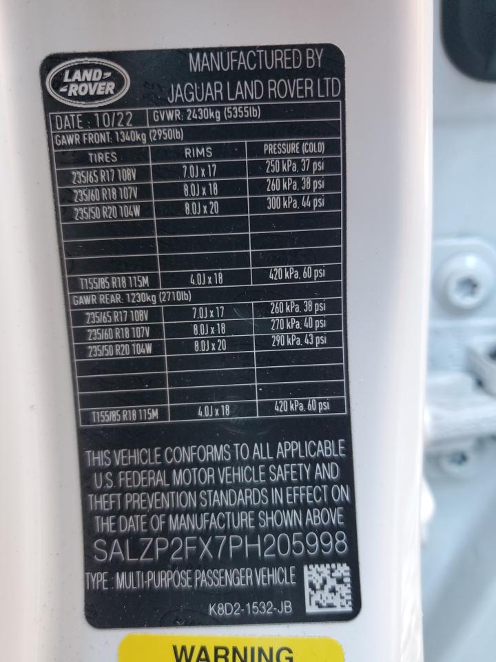 2023 Land Rover Range Rover Evoque Se VIN: SALZP2FX7PH205998 Lot: 86104595