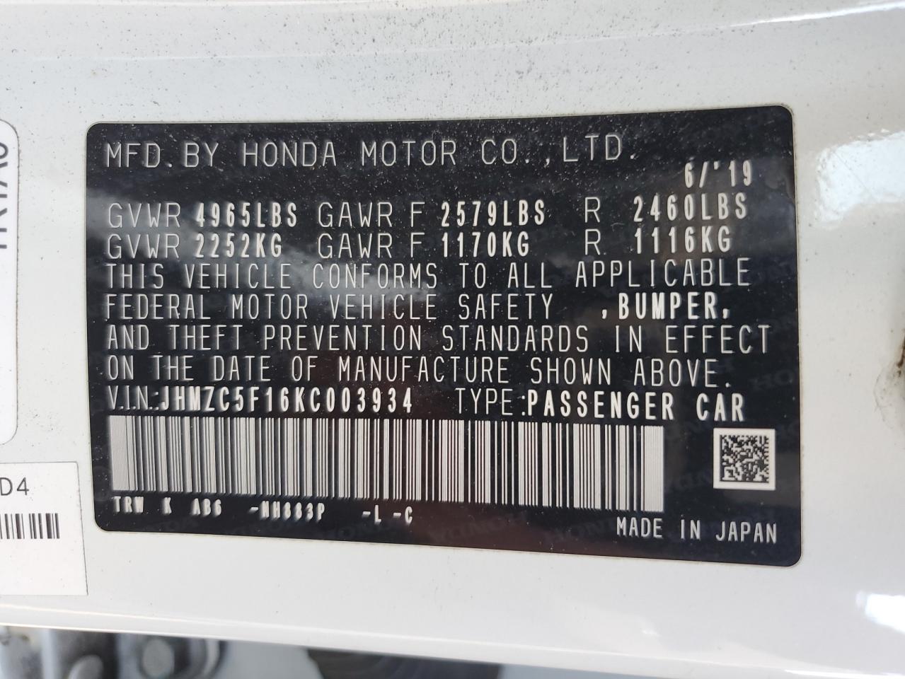 2019 Honda Clarity VIN: JHMZC5F16KC003934 Lot: 90795015