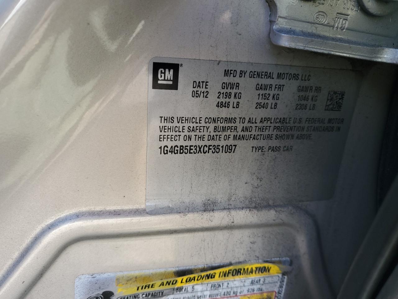 2012 Buick Lacrosse Convenience VIN: 1G4GB5E3XCF351097 Lot: 85006385