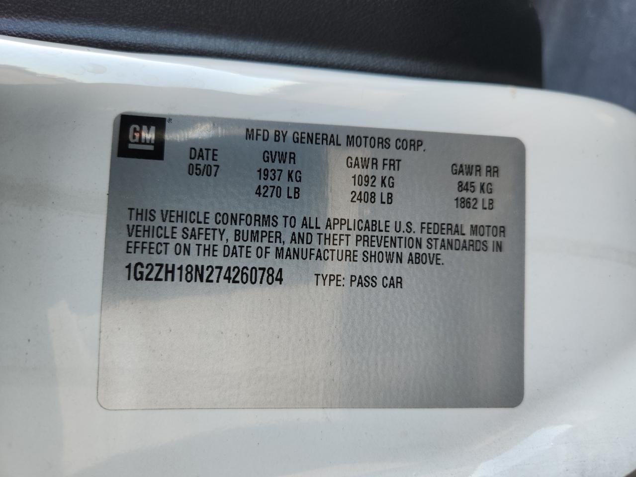 2007 Pontiac G6 Gt VIN: 1G2ZH18N274260784 Lot: 86267525