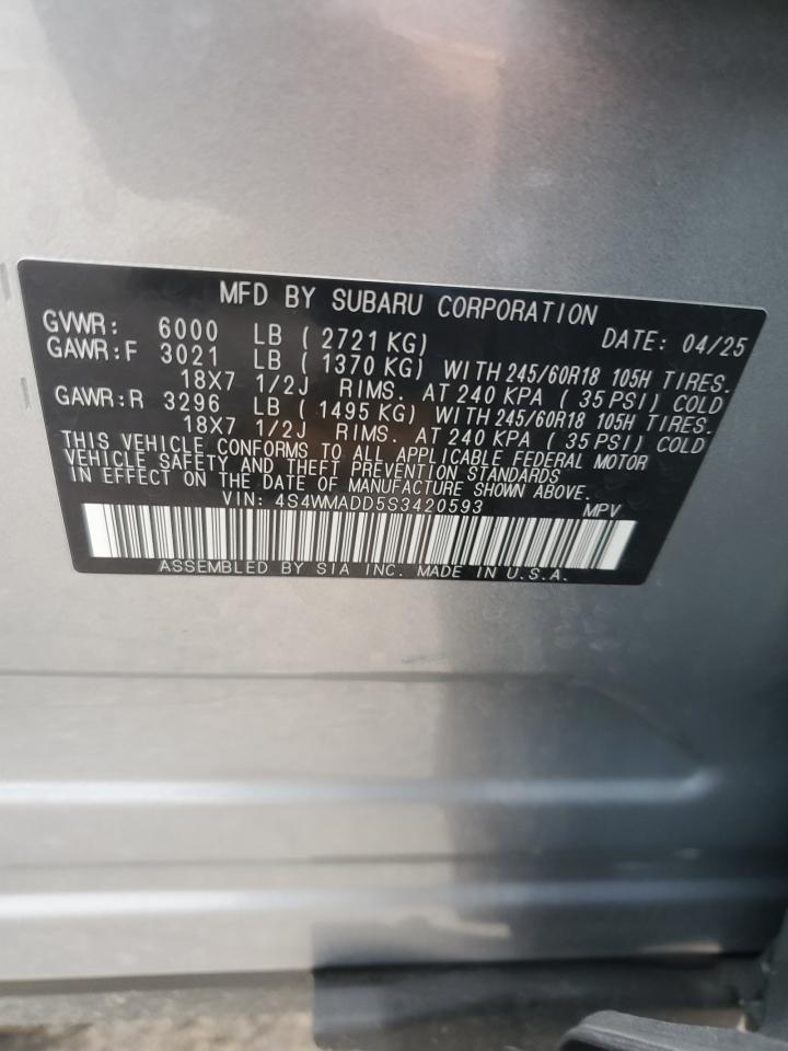2025 Subaru Ascent Premium VIN: 4S4WMADD5S3420593 Lot: 85514395