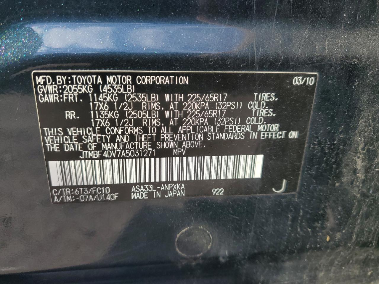 2010 Toyota Rav4 VIN: JTMBF4DV7A5031271 Lot: 85566135