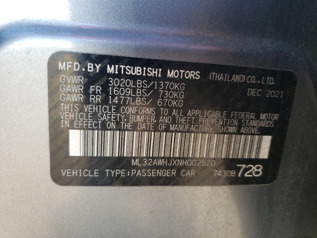 2022 Mitsubishi Mirage Se VIN: ML32AWHJXNH002520 Lot: 82573925