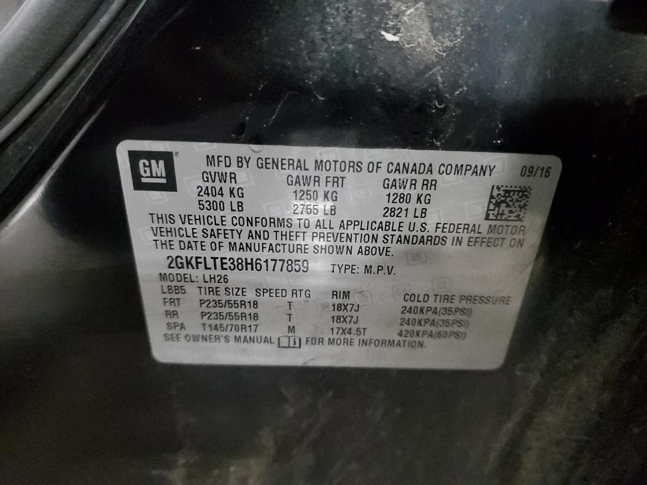 2017 GMC Terrain Sle VIN: 2GKFLTE38H6177859 Lot: 91003235