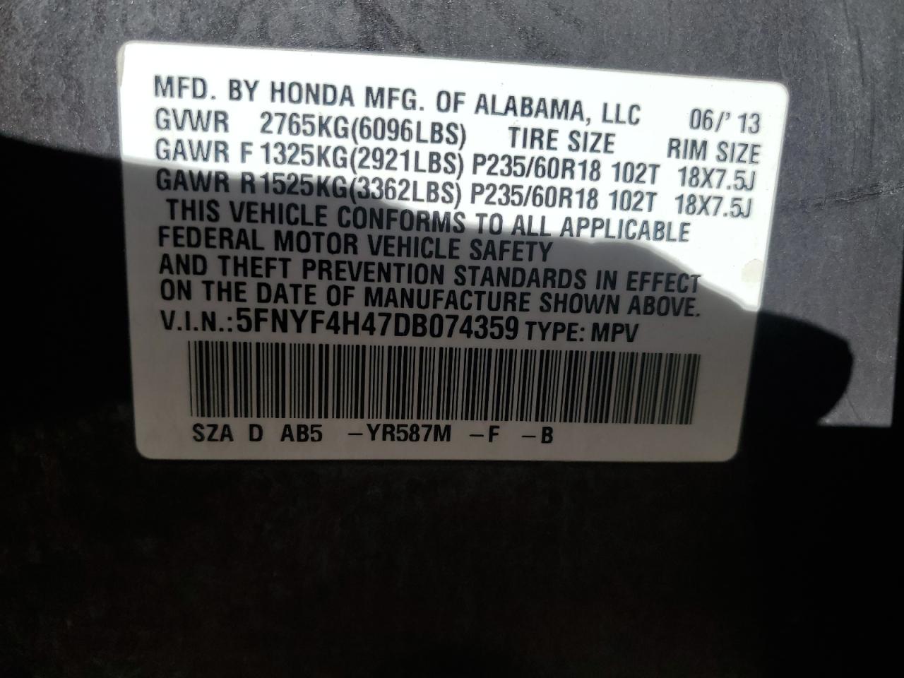 2013 Honda Pilot Ex VIN: 5FNYF4H47DB074359 Lot: 87077545
