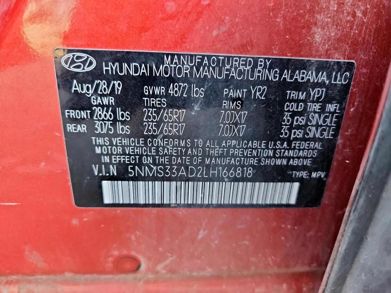 2020 Hyundai Santa Fe Sel VIN: 5NMS33AD2LH166818 Lot: 81971265