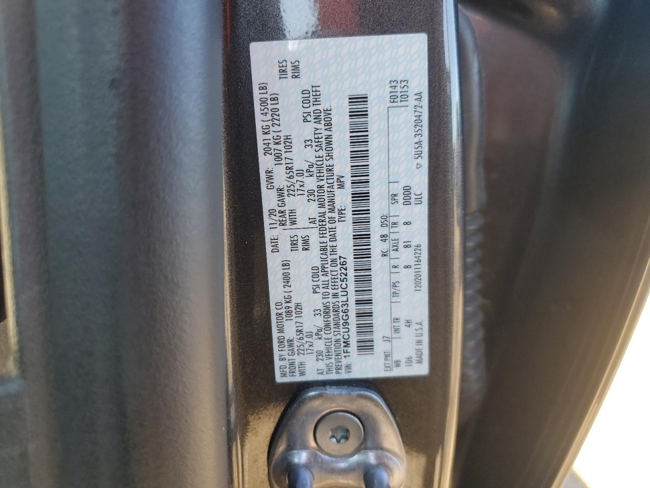 2020 Ford Escape Se VIN: 1FMCU9G63LUC52267 Lot: 82347685