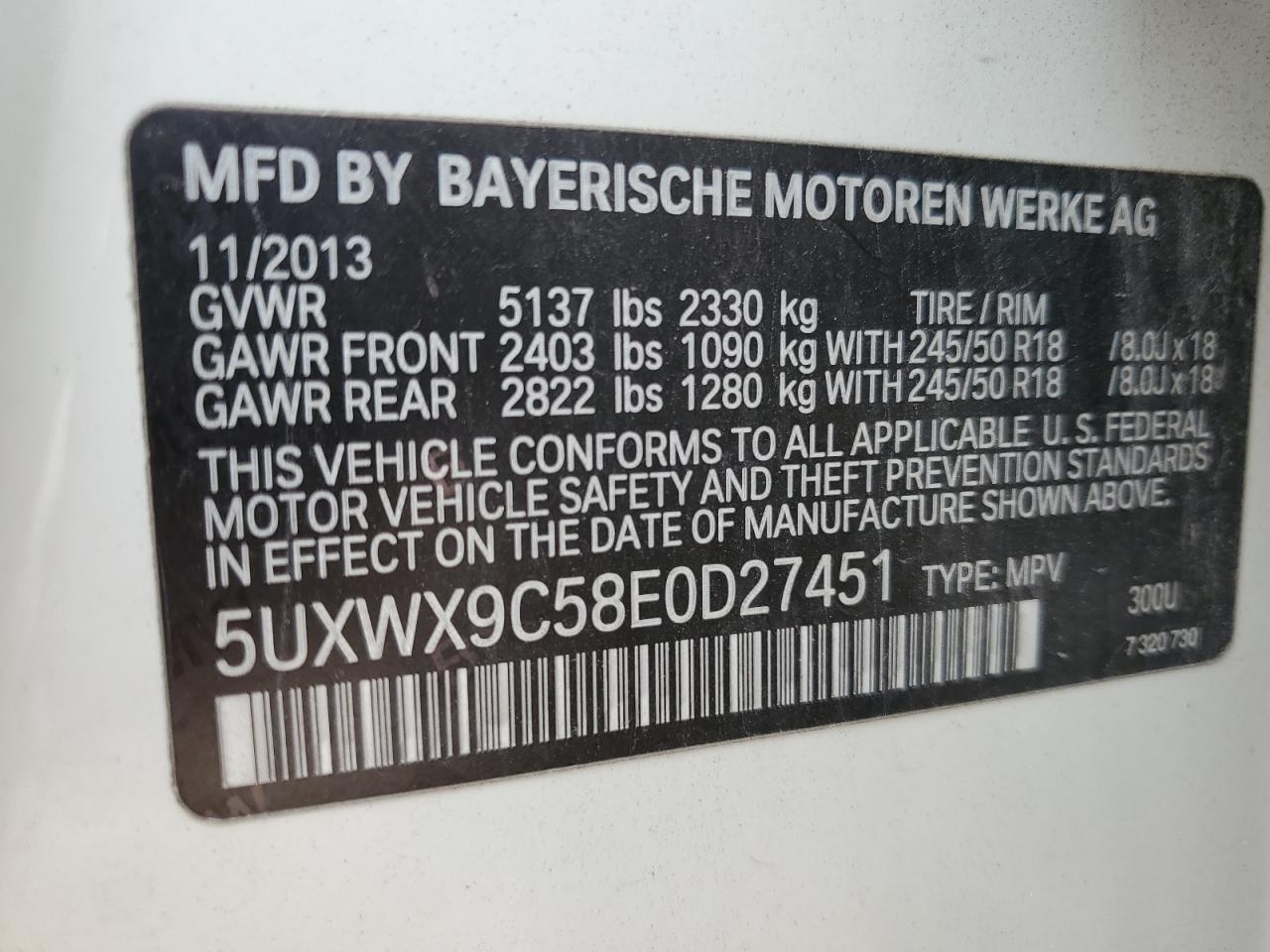 2014 BMW X3 xDrive28I VIN: 5UXWX9C58E0D27451 Lot: 82371605