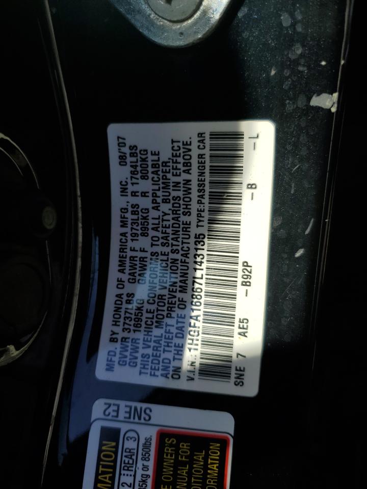 2007 Honda Civic Ex VIN: 1HGFA16867L143135 Lot: 82270015