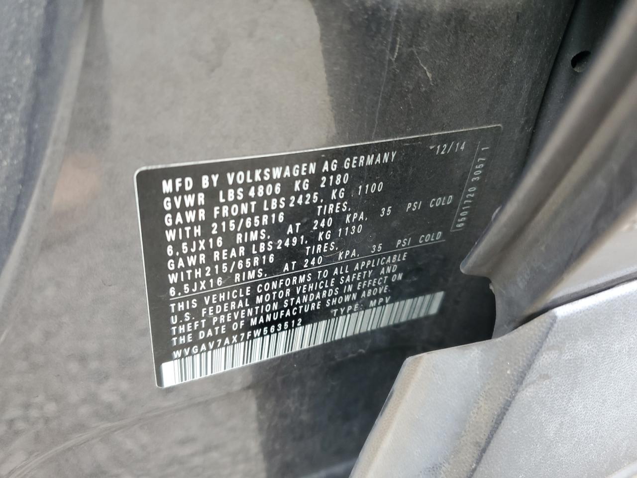 2015 Volkswagen Tiguan S VIN: WVGAV7AX7FW563512 Lot: 85945675