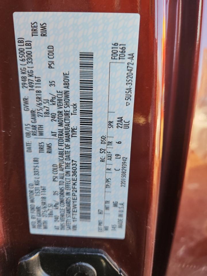 2015 Ford F150 Supercrew VIN: 1FTEW1EP2FKE36037 Lot: 90035905