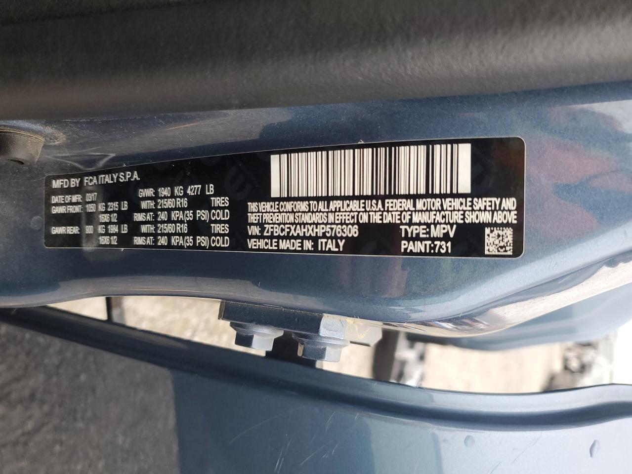 2017 Fiat 500X Pop VIN: ZFBCFXAHXHP576306 Lot: 87253695