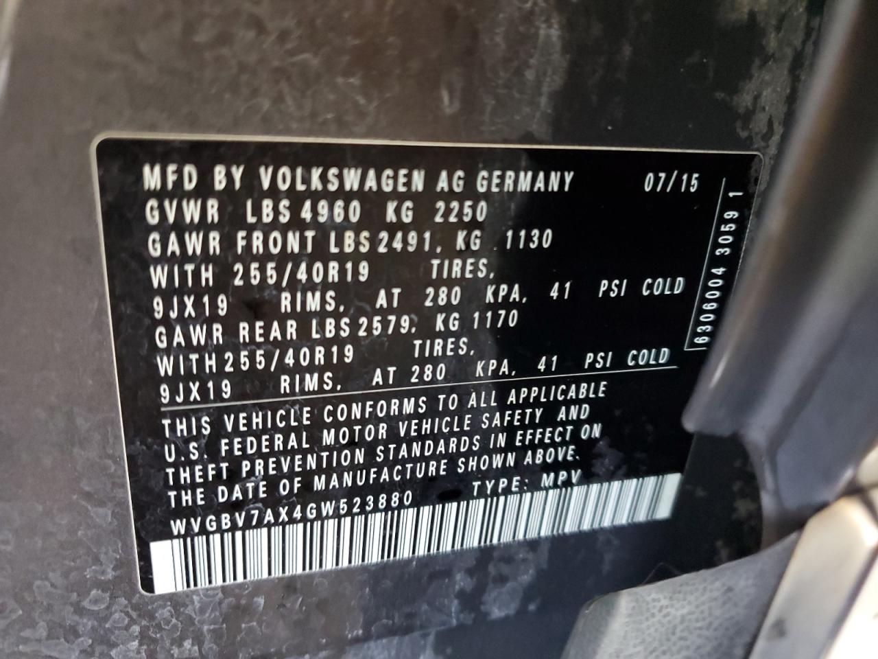 2016 Volkswagen Tiguan S VIN: WVGBV7AX4GW523880 Lot: 84450275