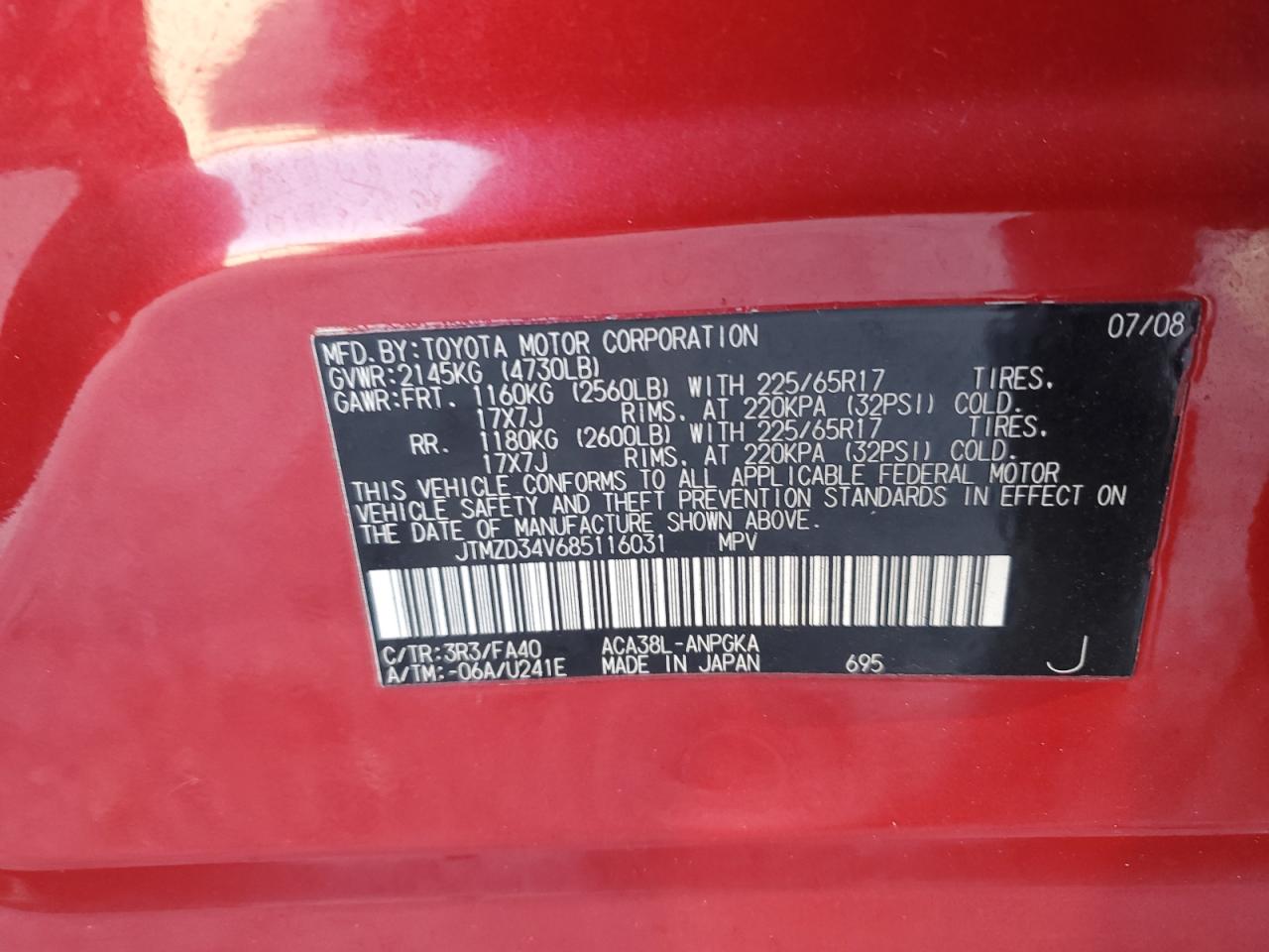 2008 Toyota Rav4 Limited VIN: JTMZD34V685116031 Lot: 87267395
