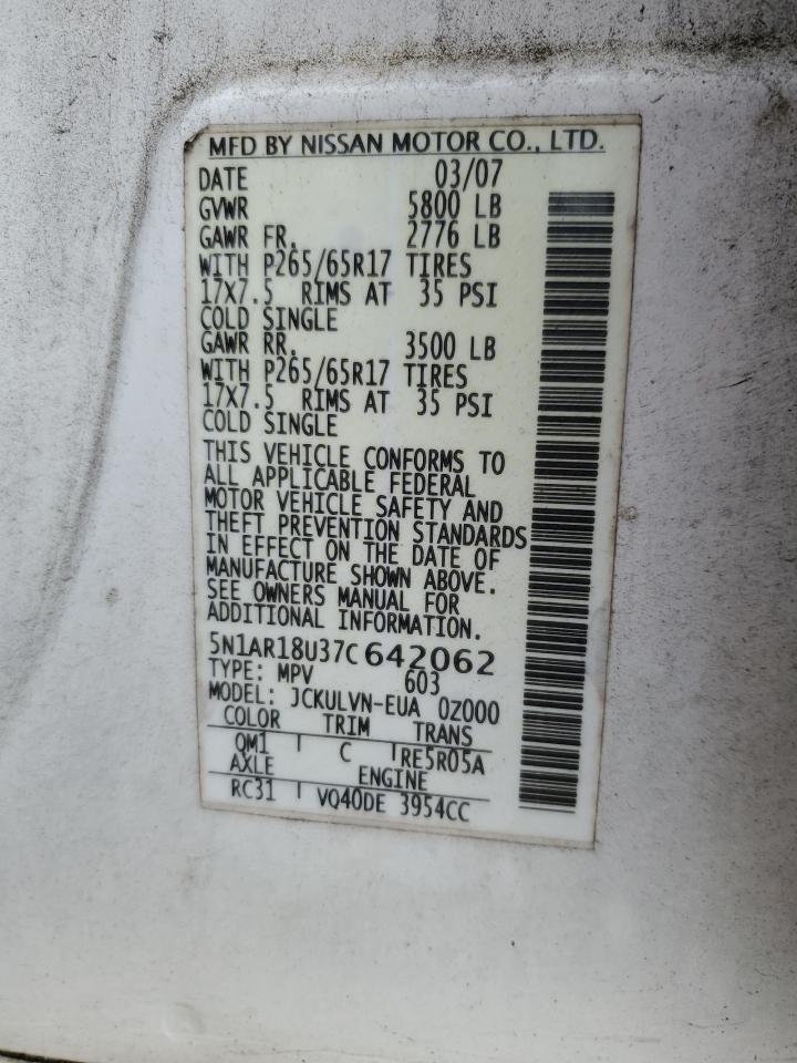 2007 Nissan Pathfinder Le VIN: 5N1AR18U37C642062 Lot: 84791935
