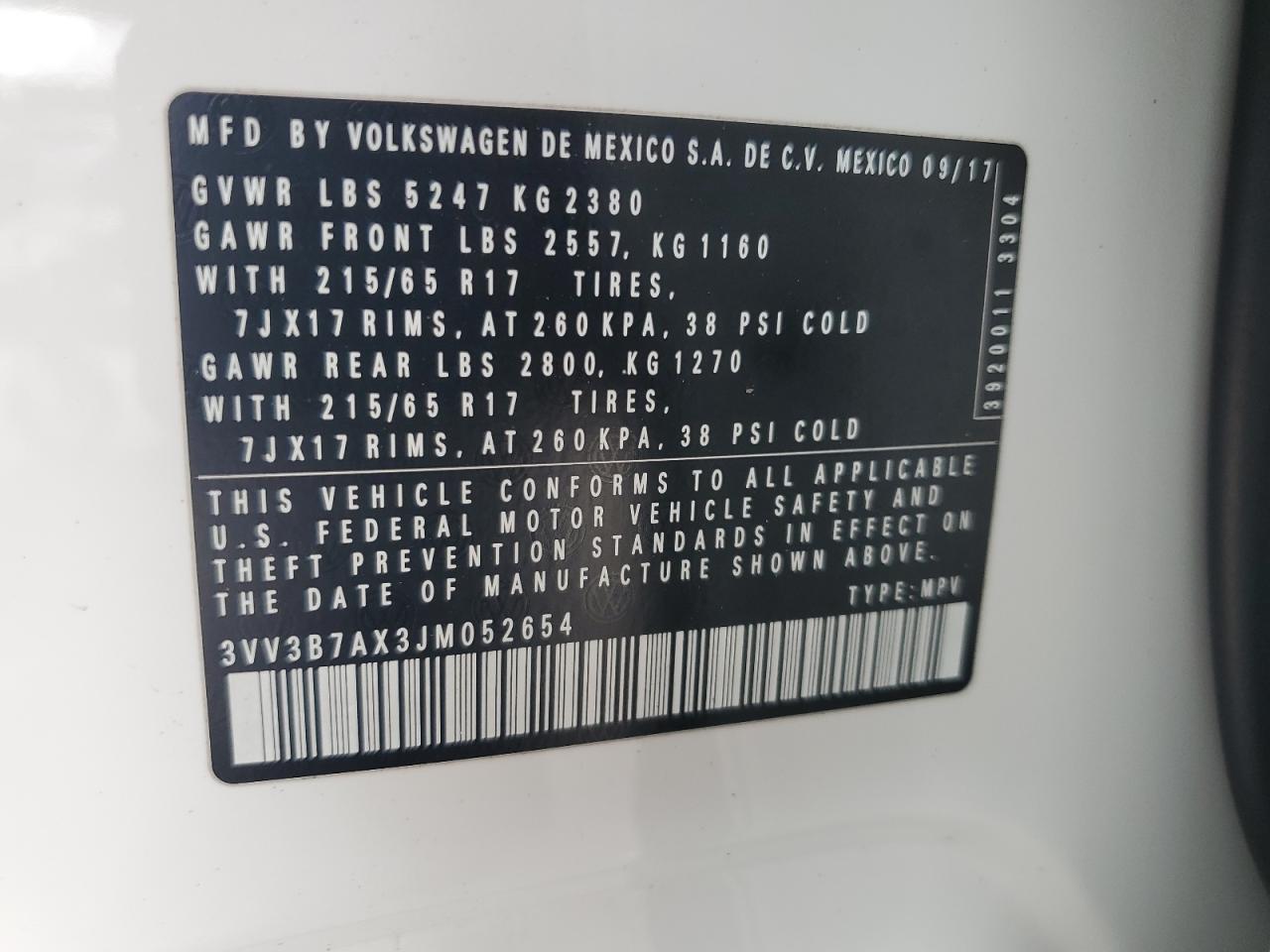 2018 Volkswagen Tiguan Se VIN: 3VV3B7AX3JM052654 Lot: 82235825