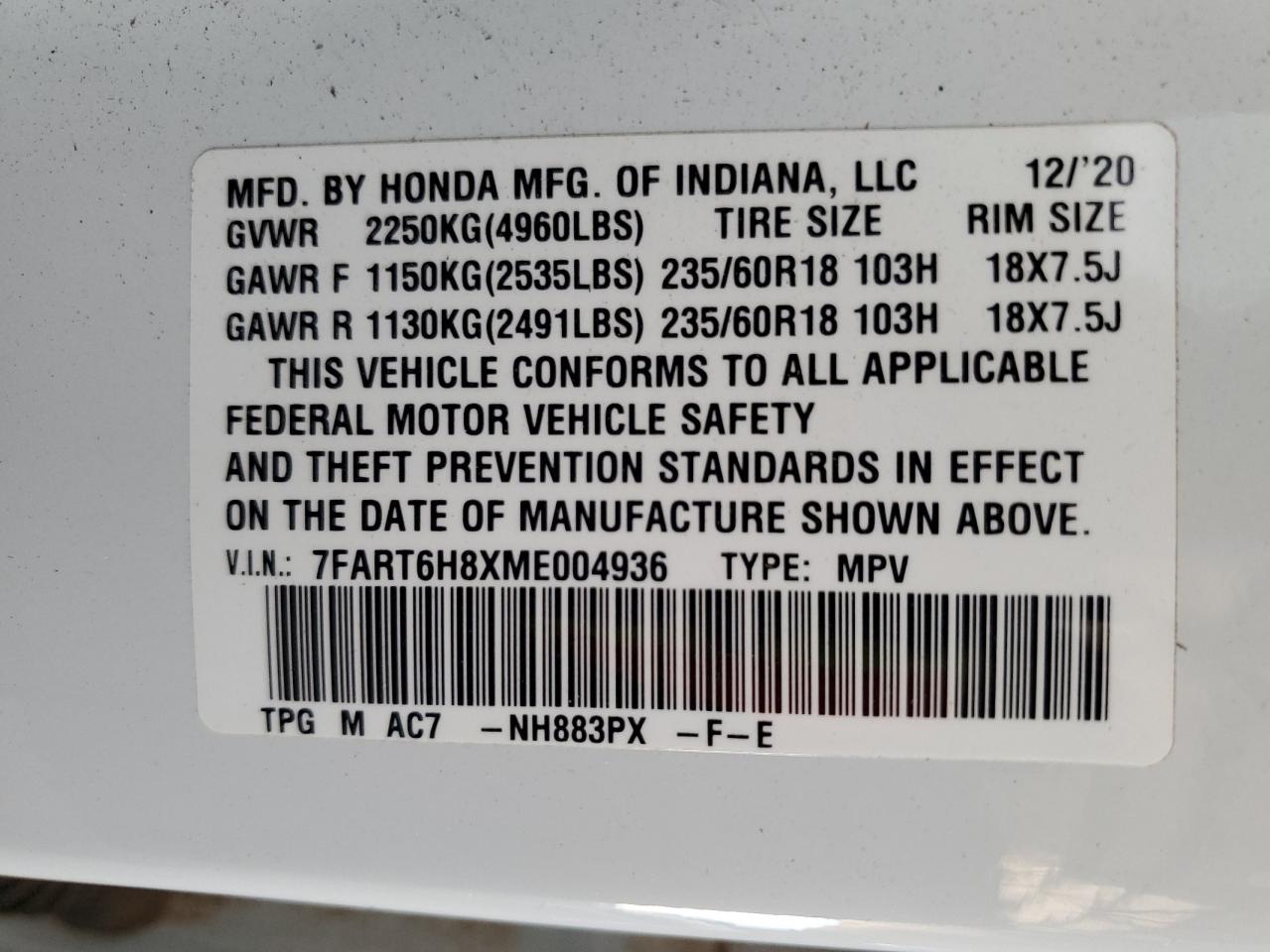 2021 Honda Cr-V Exl VIN: 7FART6H8XME004936 Lot: 85505925