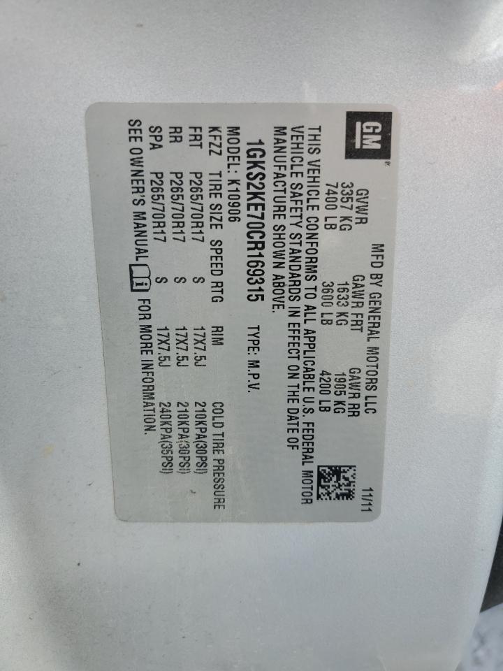 2012 GMC Yukon Xl K1500 Slt VIN: 1GKS2KE70CR169315 Lot: 82260415