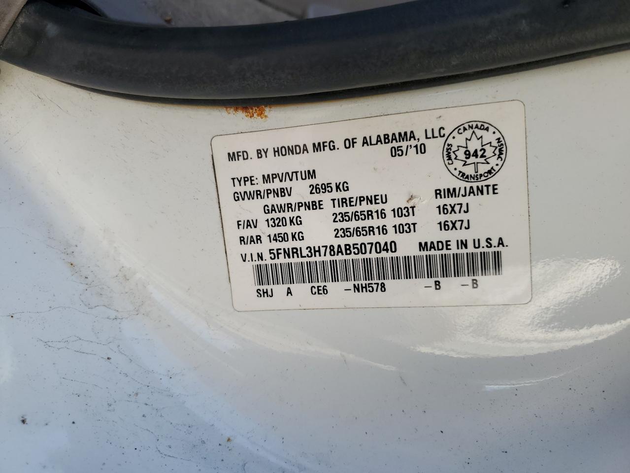 2010 Honda Odyssey Exl VIN: 5FNRL3H78AB507040 Lot: 84947515