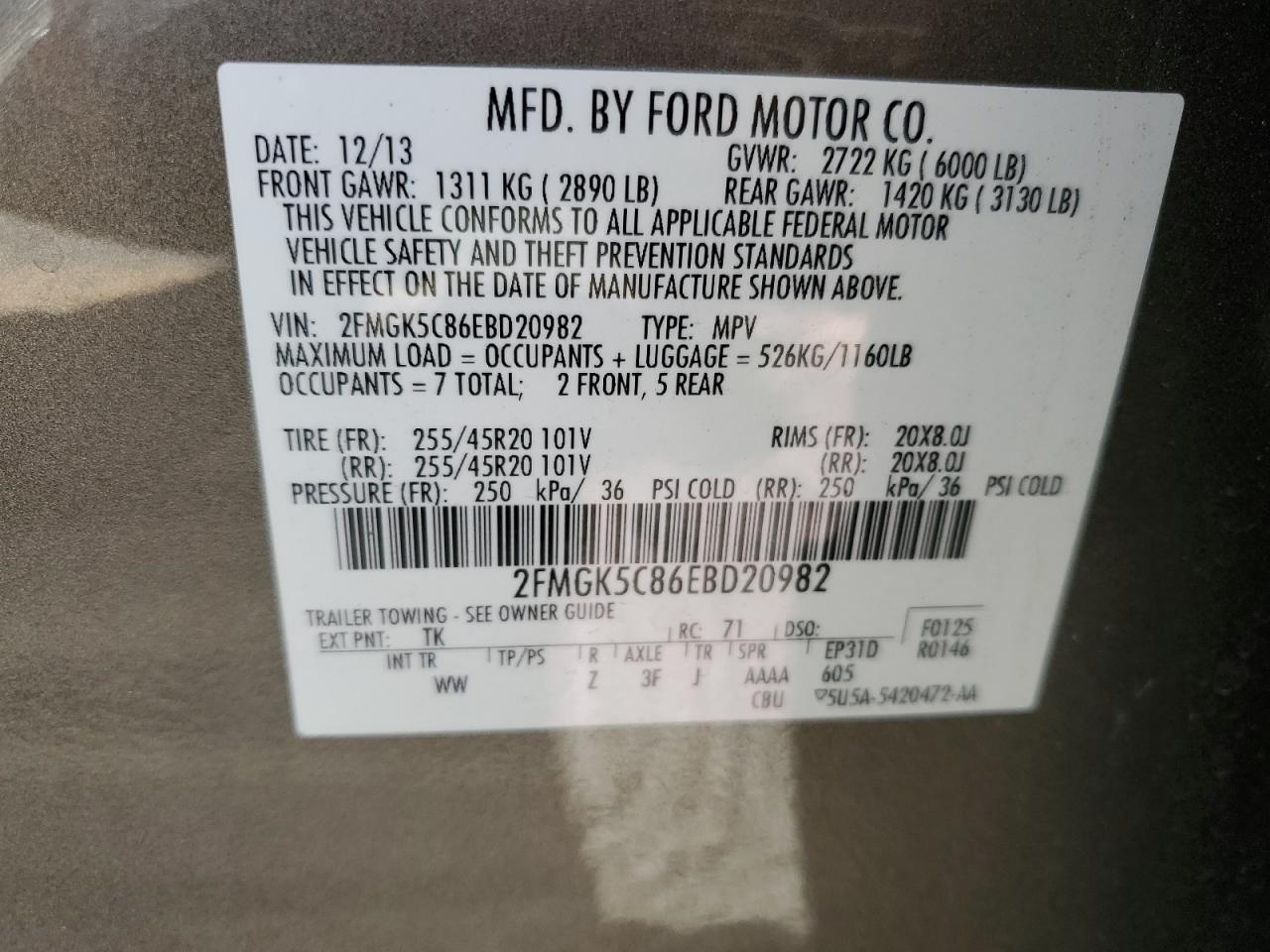 2014 Ford Flex Sel VIN: 2FMGK5C86EBD20982 Lot: 90929545