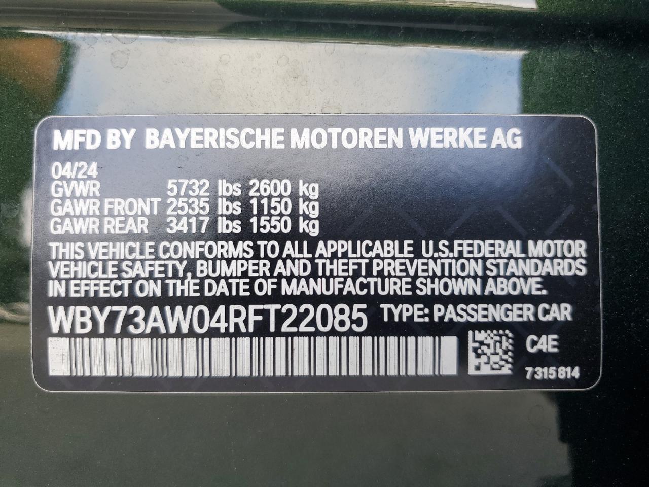 2024 BMW I4 Edrive 40 VIN: WBY73AW04RFT22085 Lot: 82204265