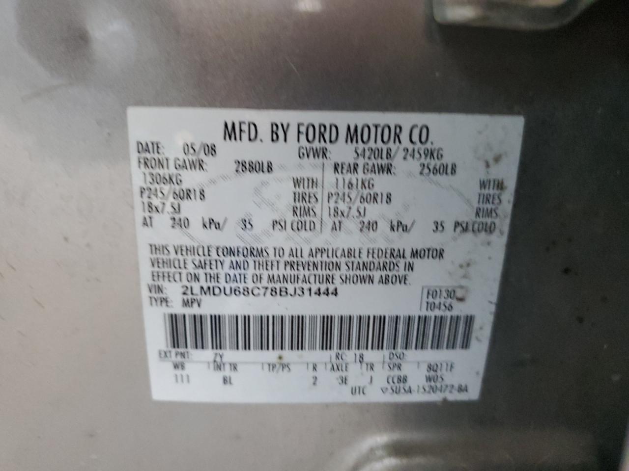 2008 Lincoln Mkx VIN: 2LMDU68C78BJ31444 Lot: 84544725