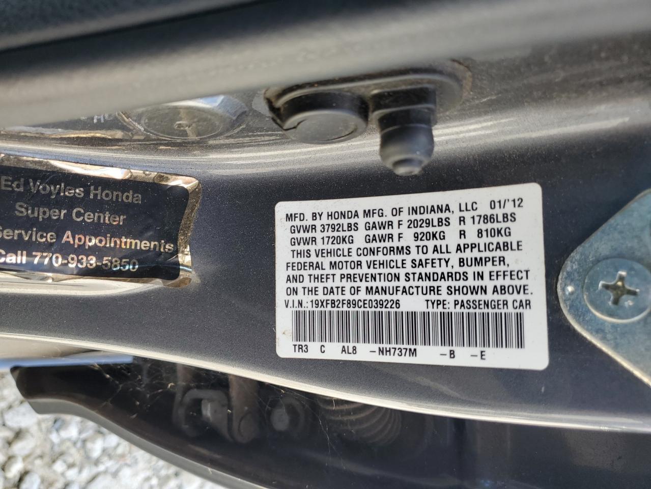 2012 Honda Civic Ex VIN: 19XFB2F89CE039226 Lot: 86092955