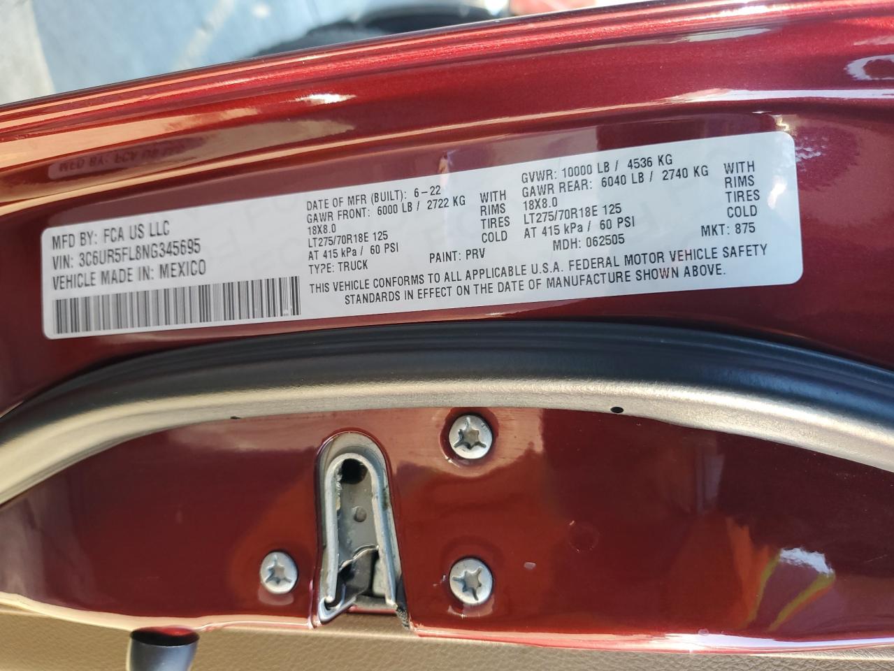 2022 Ram 2500 Laramie VIN: 3C6UR5FL8NG345695 Lot: 87111325