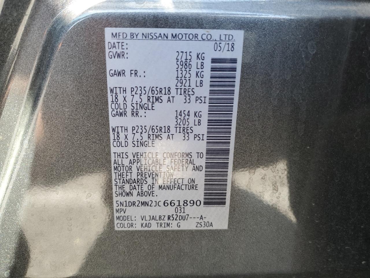 2018 Nissan Pathfinder S VIN: 5N1DR2MN2JC661890 Lot: 85898345