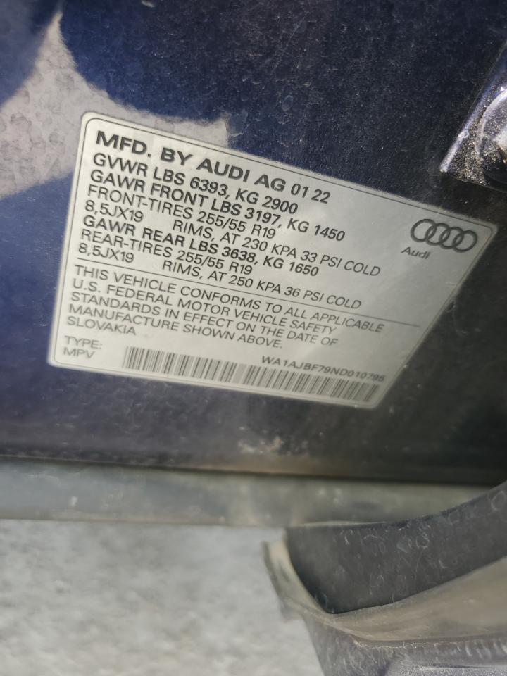 2022 Audi Q7 Premium VIN: WA1AJBF79ND010795 Lot: 90259505