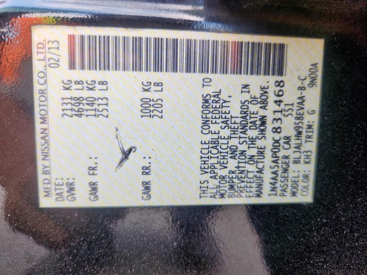 2013 Nissan Maxima S VIN: 1N4AA5AP0DC831468 Lot: 85000635