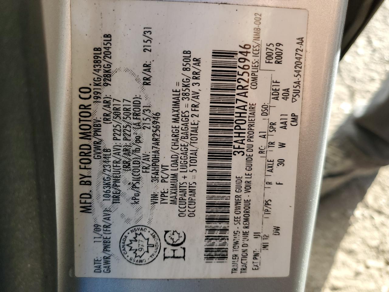 2010 Ford Fusion Se VIN: 3FAHP0HA7AR256946 Lot: 85493235