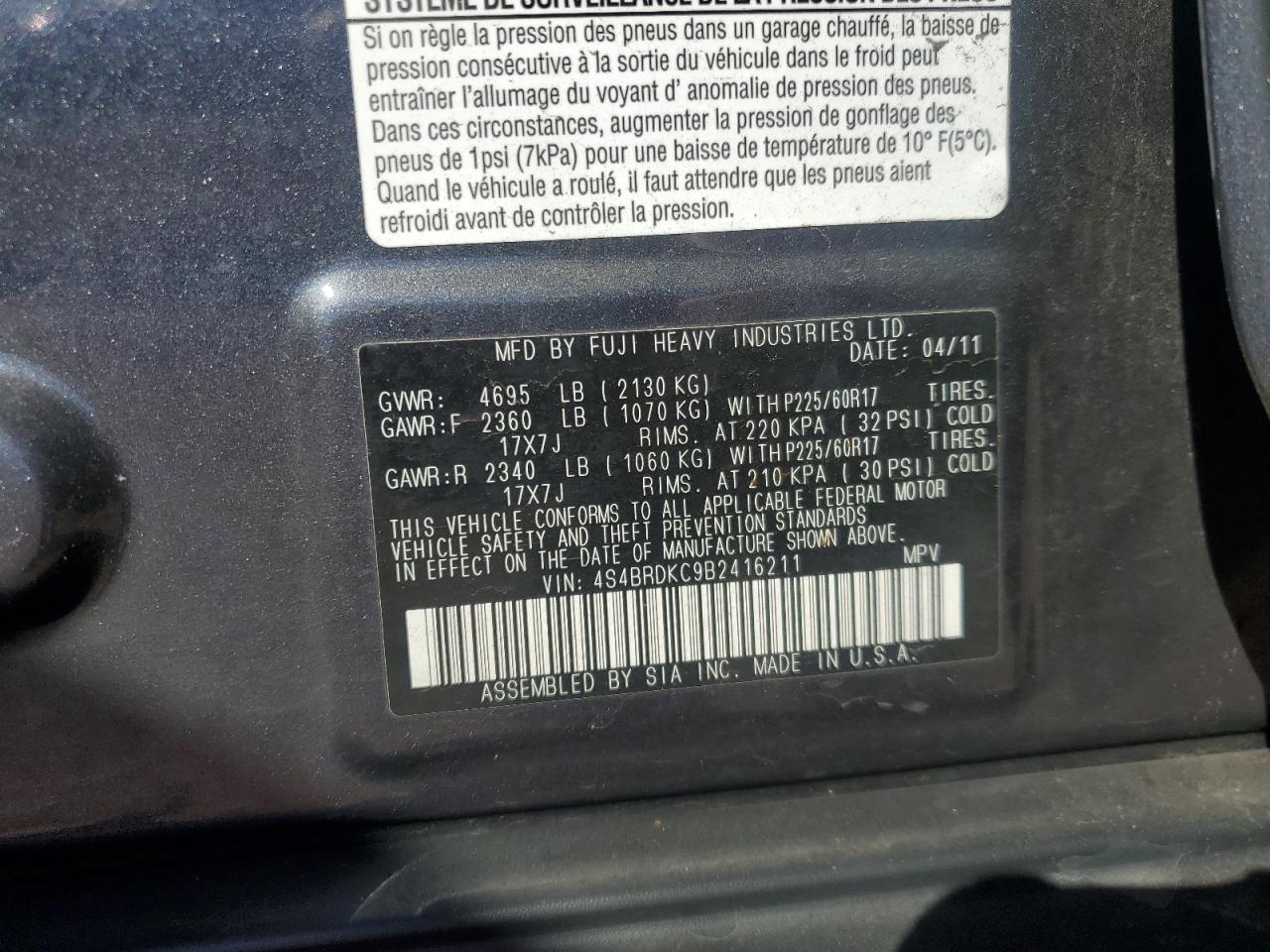 2011 Subaru Outback 3.6R Limited VIN: 4S4BRDKC9B2416211 Lot: 84872285