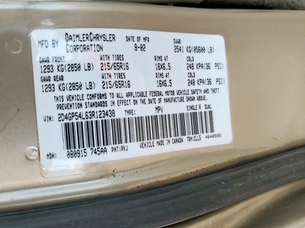 2003 Dodge Grand Caravan Es VIN: 2D4GP54L63R123438 Lot: 85700555