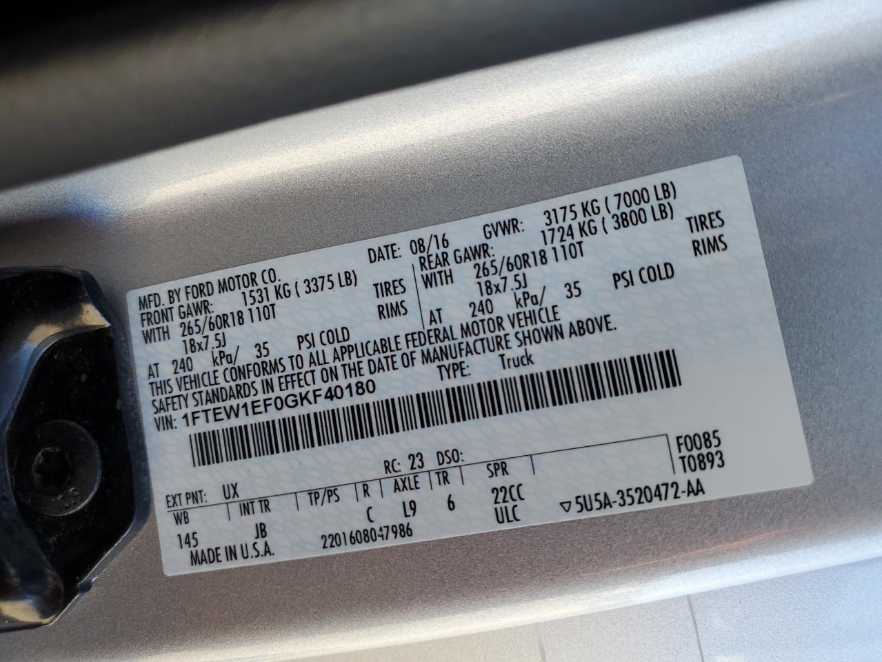 2016 Ford F150 Supercrew VIN: 1FTEW1EF0GKF40180 Lot: 89489575