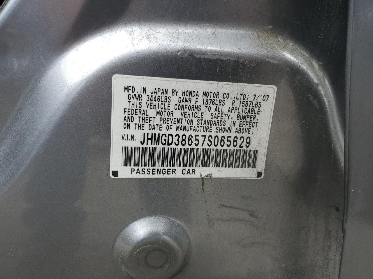 2007 Honda Fit S VIN: JHMGD38657S065629 Lot: 82334085