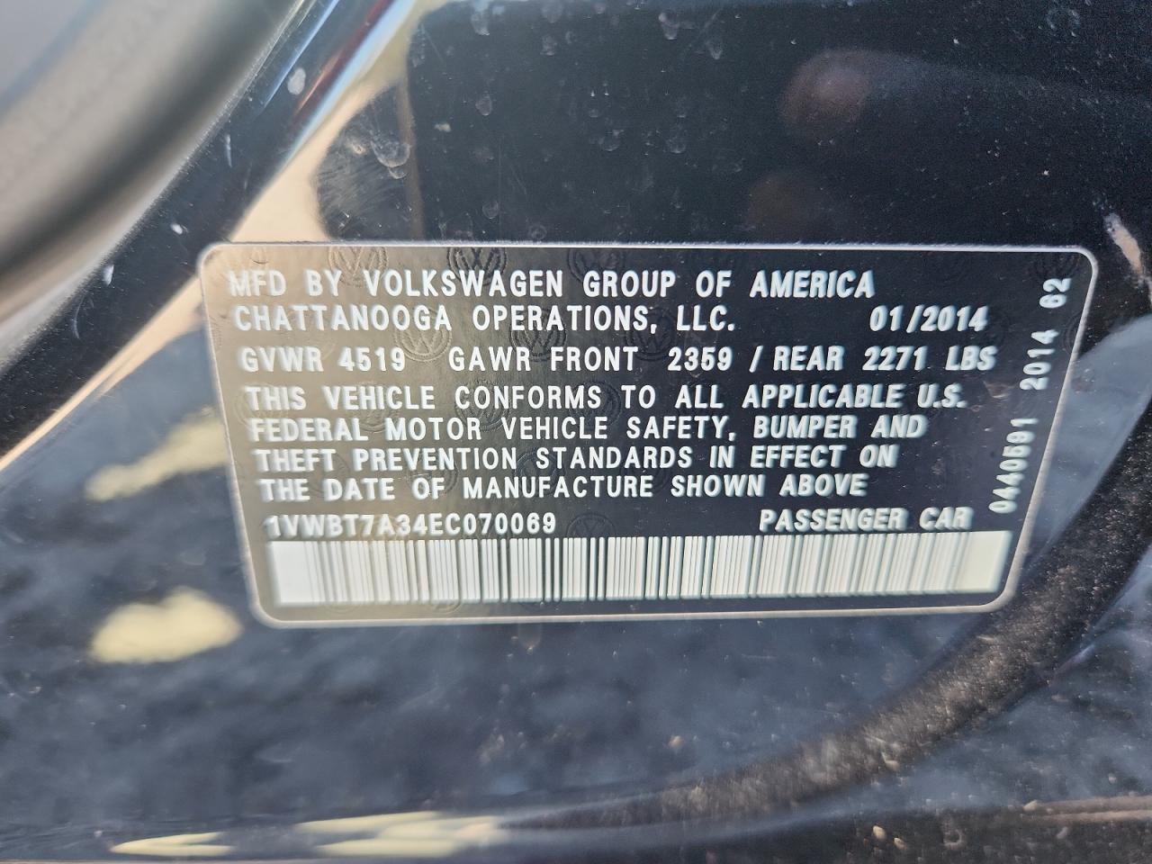 2014 Volkswagen Passat Se VIN: 1VWBT7A34EC070069 Lot: 86226715