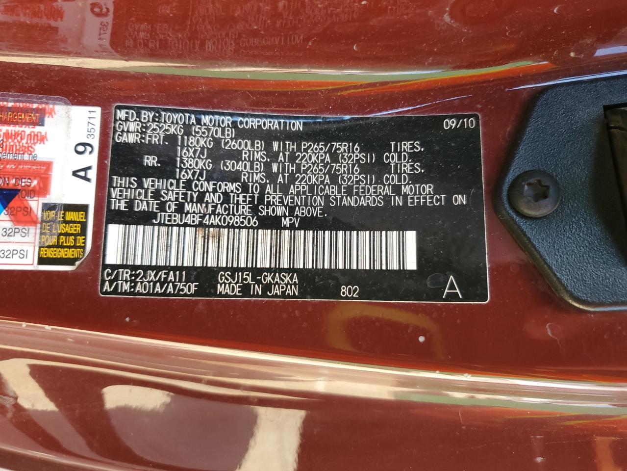 2010 Toyota Fj Cruiser VIN: JTEBU4BF4AK098506 Lot: 85389585