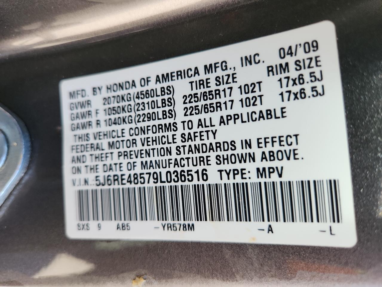 2009 Honda Cr-V Ex VIN: 5J6RE48579L036516 Lot: 81122895