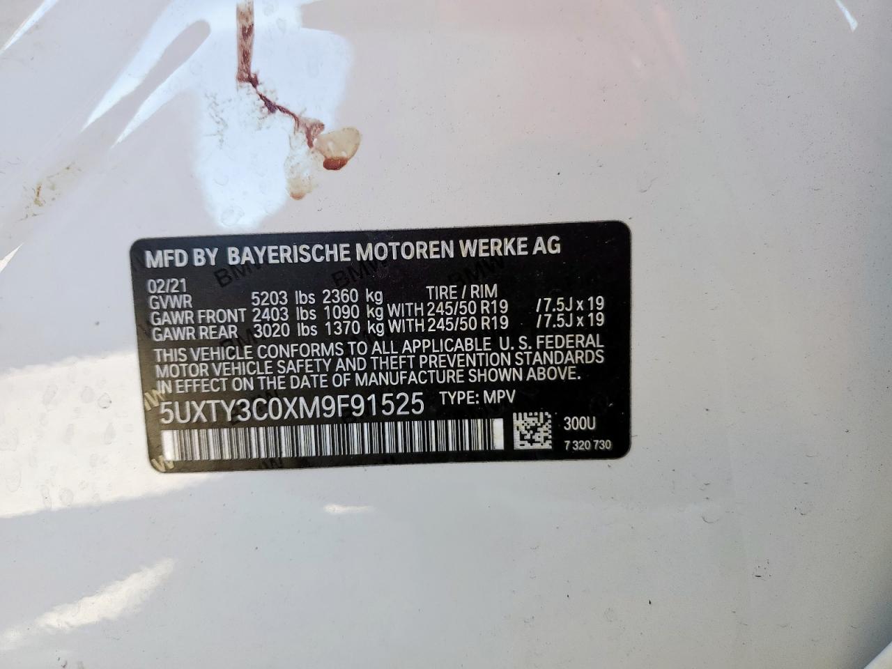 2021 BMW X3 Sdrive30I VIN: 5UXTY3C0XM9F91525 Lot: 90696495