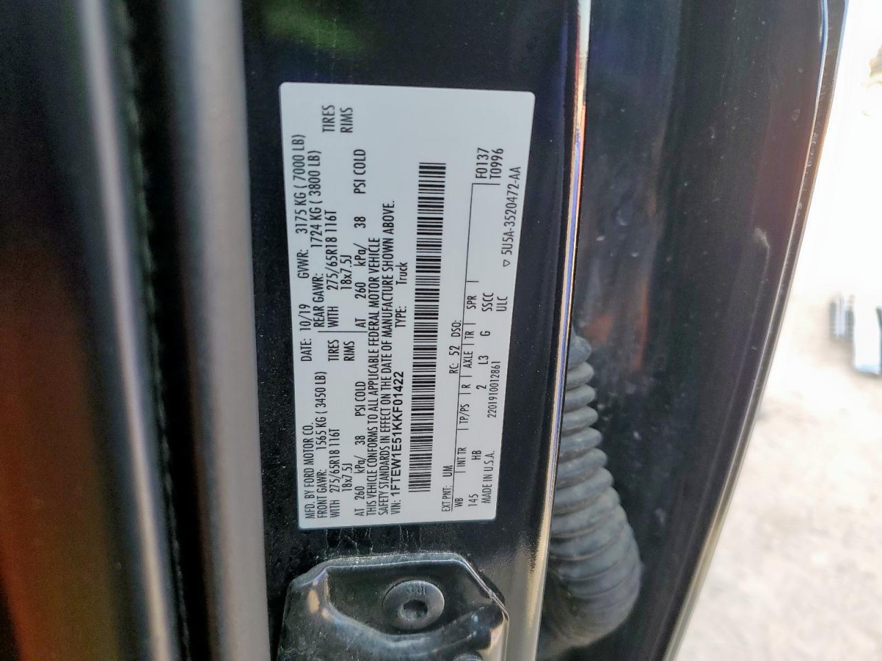 2019 Ford F150 Supercrew VIN: 1FTEW1E51KKF01422 Lot: 85713685