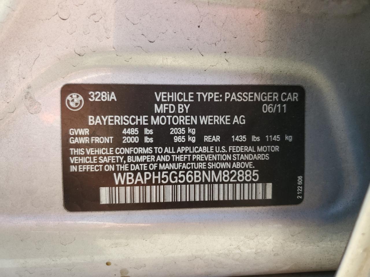 2011 BMW 328 I Sulev VIN: WBAPH5G56BNM82885 Lot: 82245035