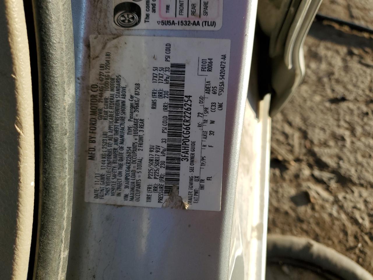 2012 Ford Fusion Sel VIN: 3FAHP0CG6CR226254 Lot: 90337115