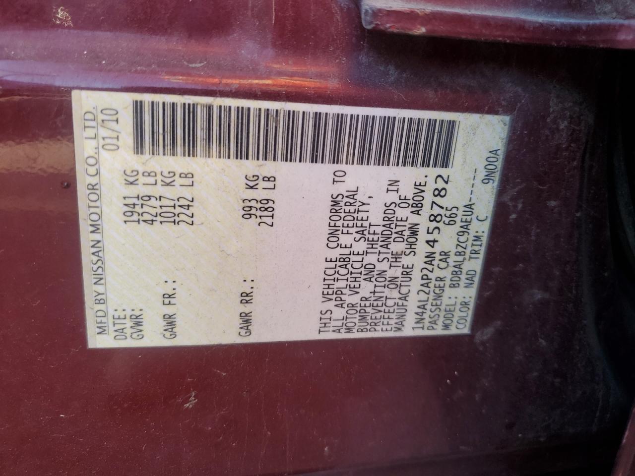 2010 Nissan Altima Base VIN: 1N4AL2AP2AN458782 Lot: 81994805