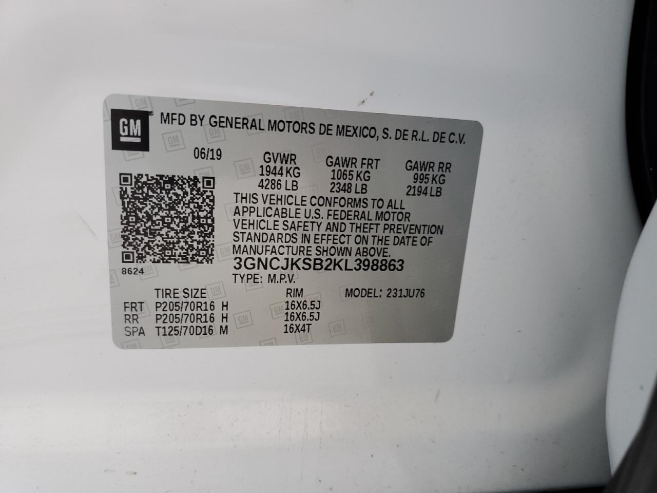 2019 Chevrolet Trax Ls VIN: 3GNCJKSB2KL398863 Lot: 86862105