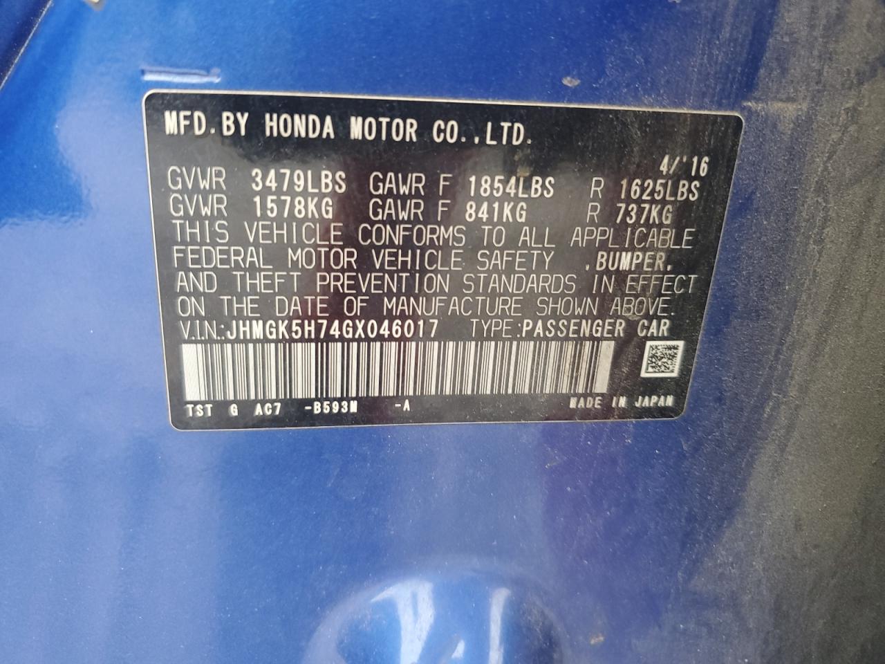 2016 Honda Fit Ex VIN: JHMGK5H74GX046017 Lot: 87294935